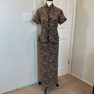 Elegant Black and Tan Cheongsam Dress Set Handmade Silk